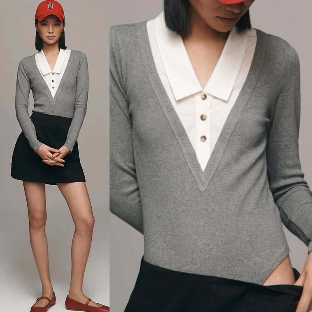 Anthropologie Pilcro Gray Collared Bodysuit - Picture 3 of 6